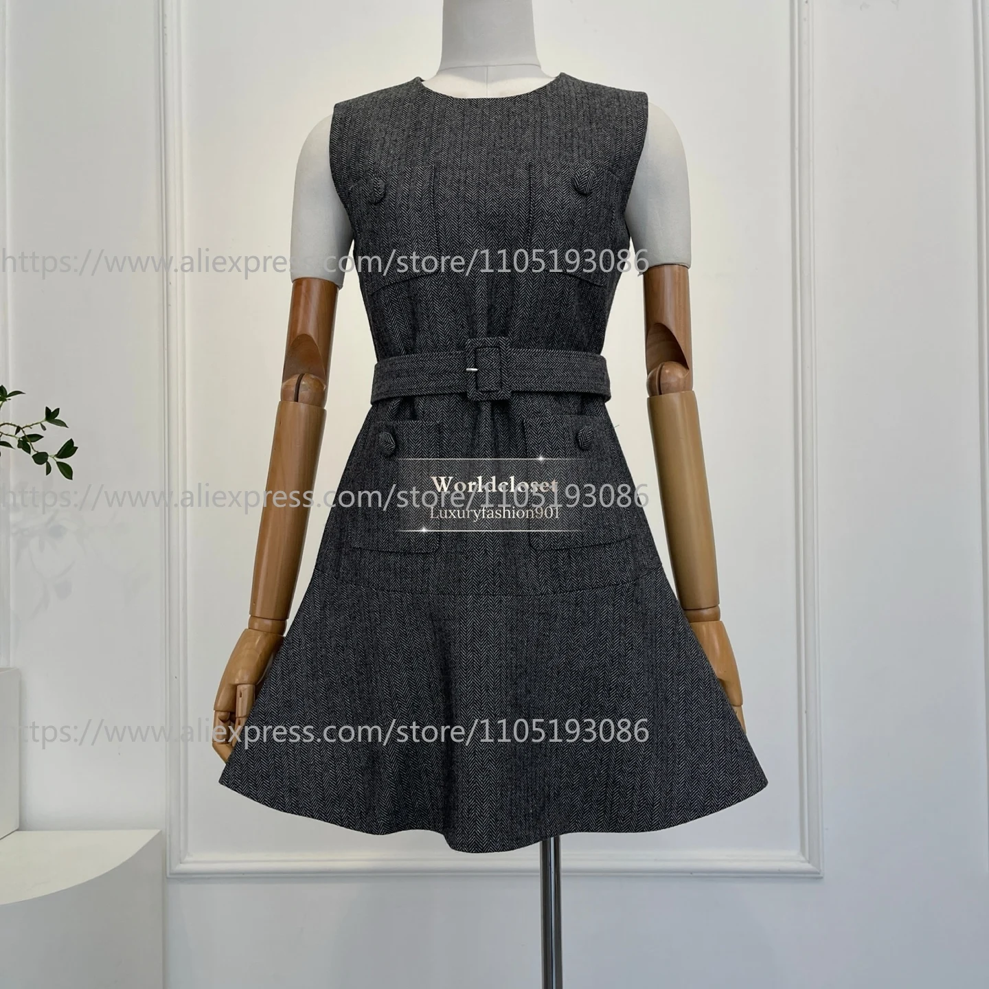 

Grey Sleeveless Belted Flared Mini Dress with Pocket for Women 2026 New