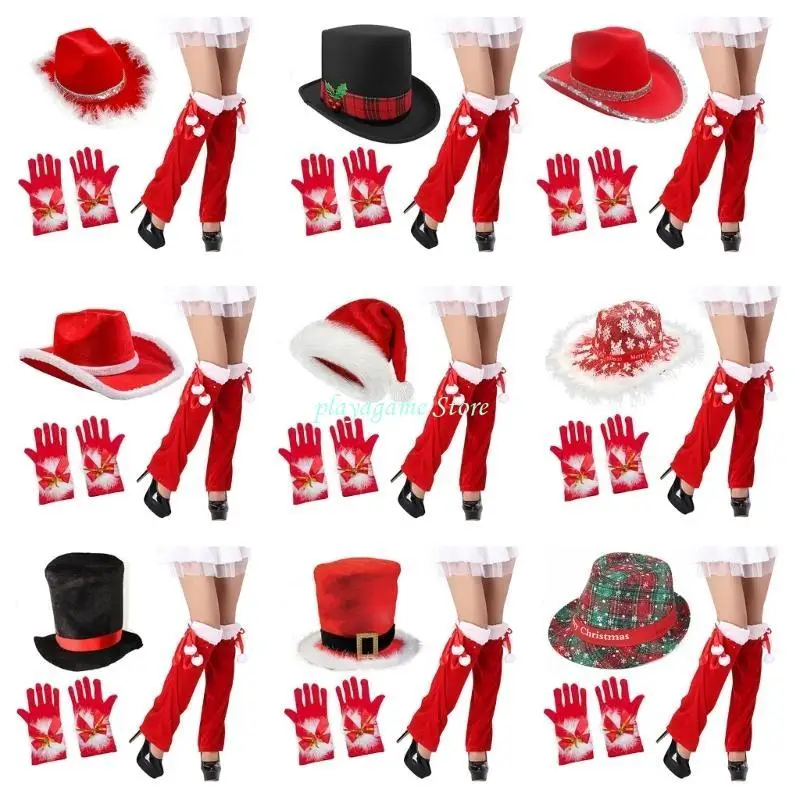 

Y88A Рождественский костюм Экипировка Шапки Перчатки Носки Набор Уникальные шапки унисекс в стиле Санта-Вестерн для тематических