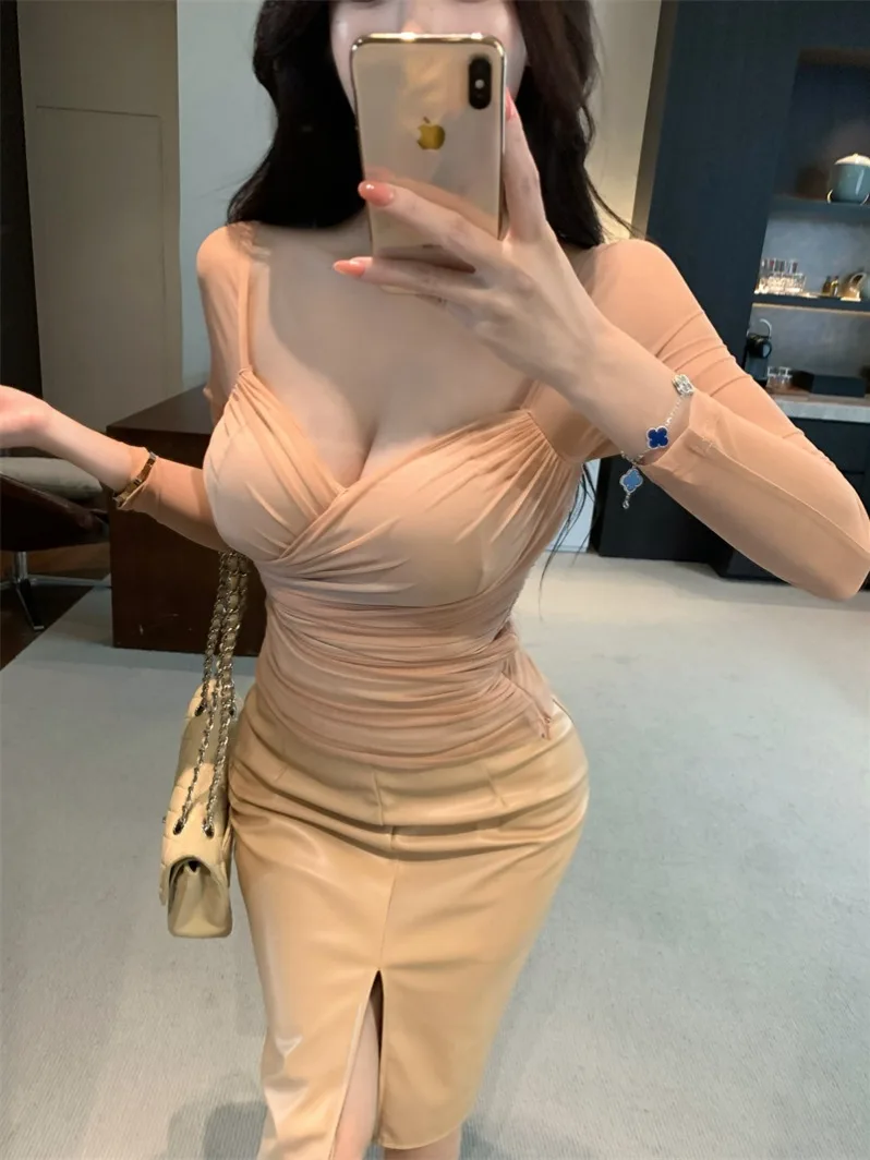 

Sexy Low Cut Long Sve V-Ne Slimming Waist Design Autumn Winter Lace irt Women's Faionable Folded Hem Trendy Top