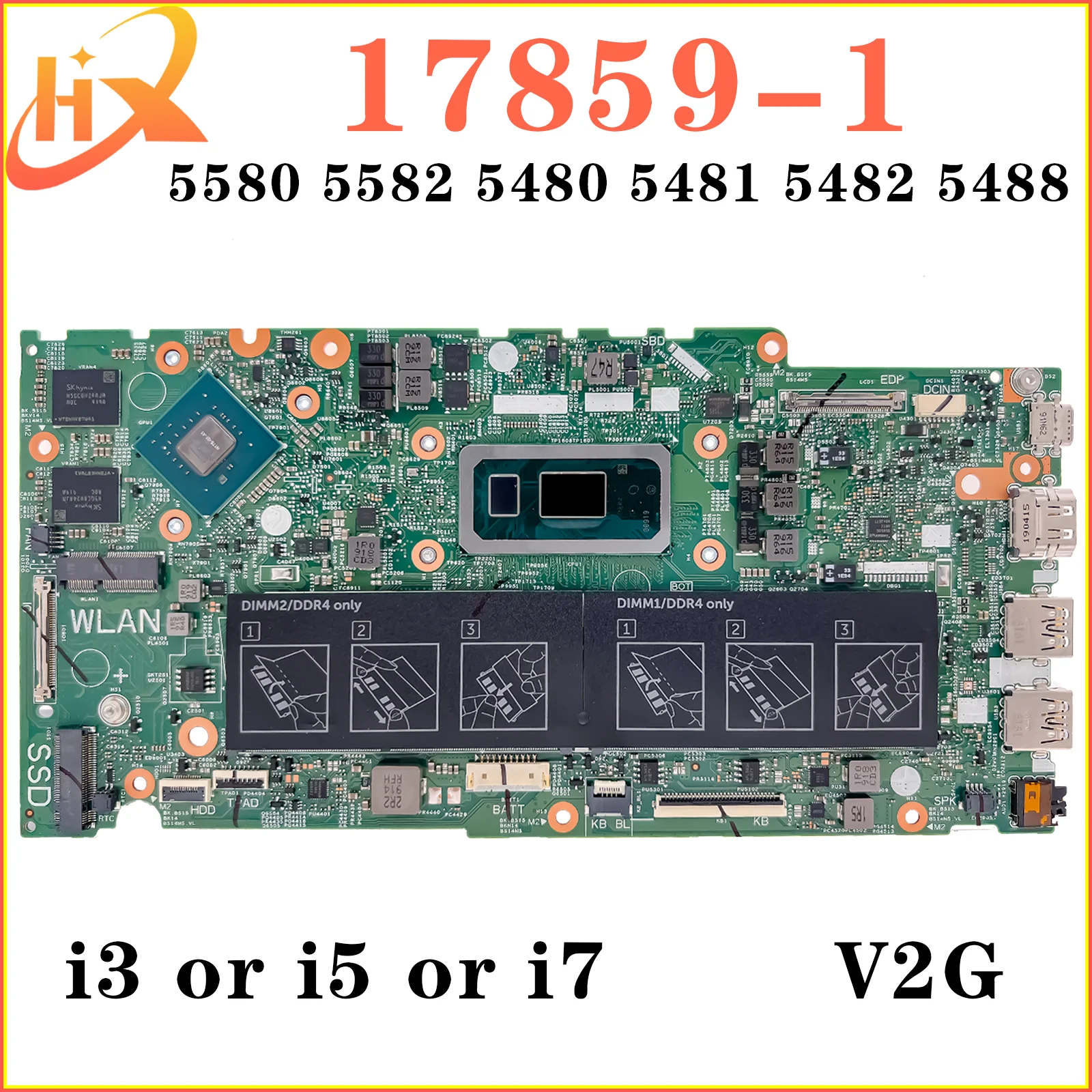 

17859-1 Mainboard For Dell Inspiron 15 5580 5582 14 5480 5481 5488 5482 Laptop Motherboard i3 i5 i7 8th Gen V2G