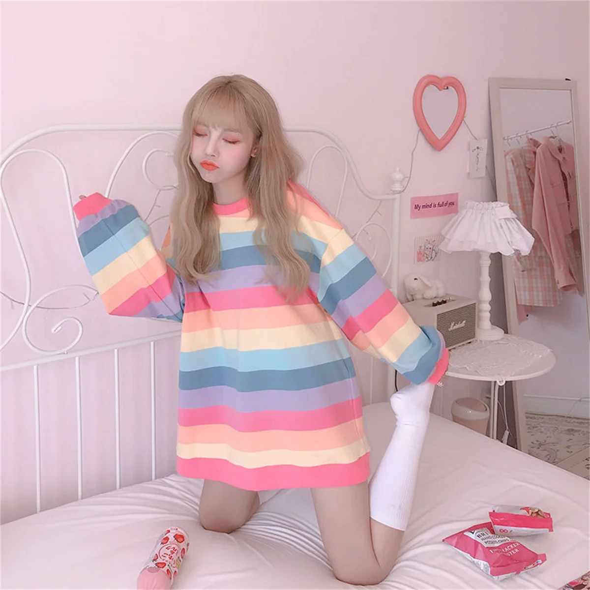 Pink Rainbow Striped Oversized T Shirts For Women Kawaii Summer Long Sleeve O-neck Shirt Korean Ladies Fleece Sweetops Tshirt
