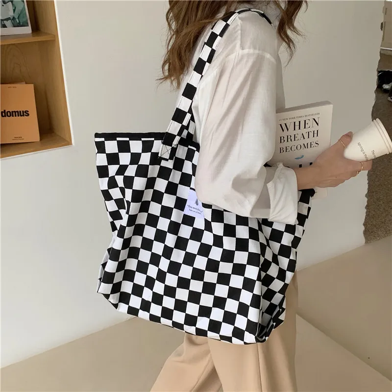 WEEQQ Black & White Checkerboard Canvas Bag Women Large-capacity Shoulder Bag Simple Student Hand bag Plaid Bag Tablet Cases pad