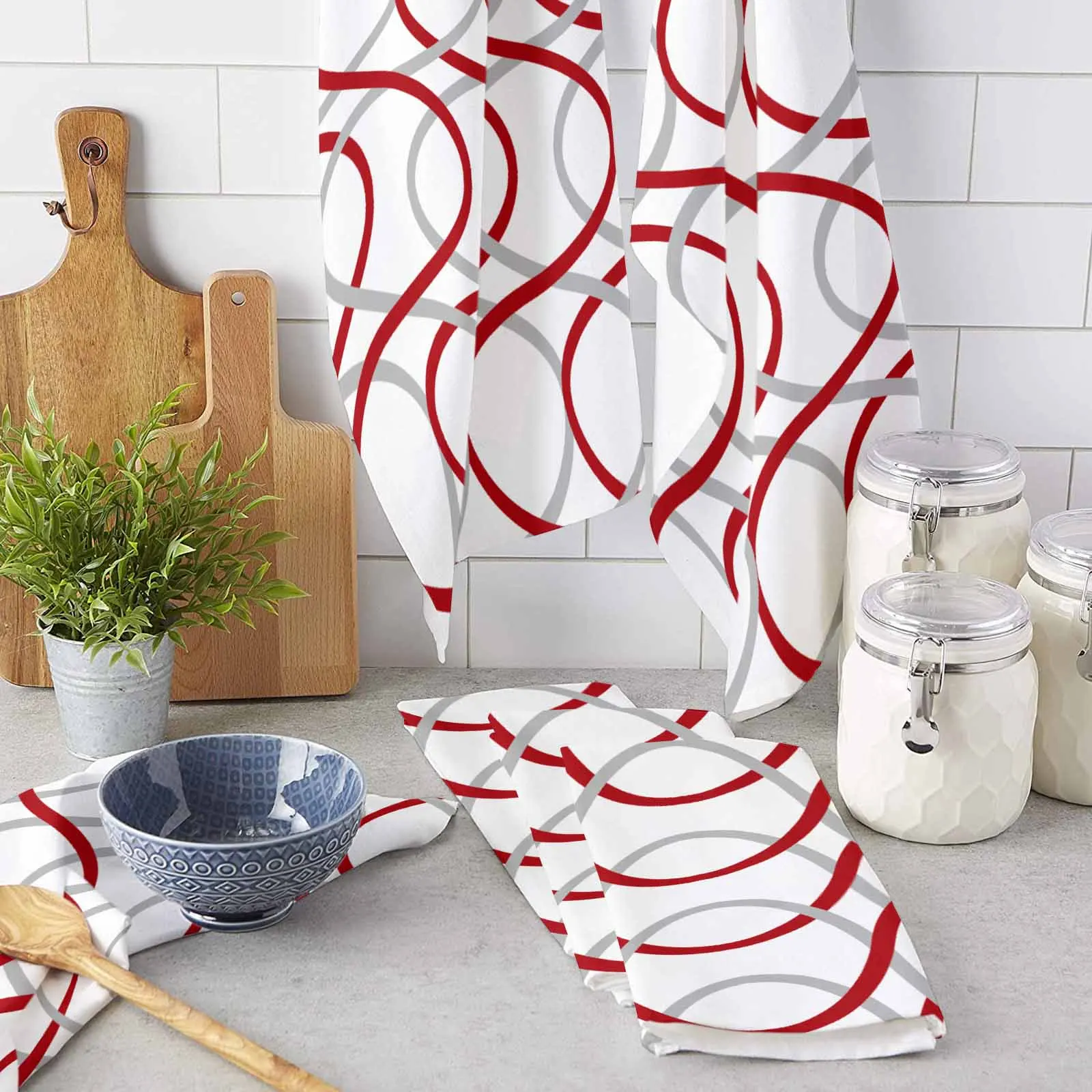 Geometric Abstract Lines Red Gray Microfiber Towel Absorbent Kitchen Cleaning Cloth Dish Towel Household Cleaning Towel