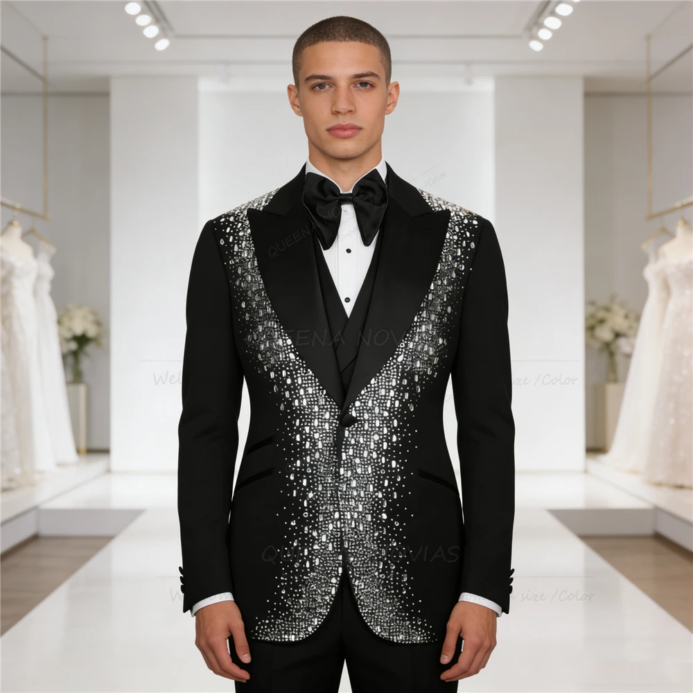 Luksusowy garnitur ślubny dla pana młodego z kryształkami, smoking, 3-częściowy, jednorzędowa marynarka, kamizelka, spodnie, szyty na miarę, strój bankietowy, męska marynarka.