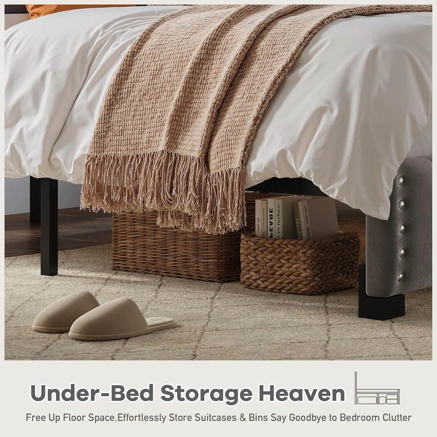 Queen Bed Frame with LED Lights & USB, Noise-Free, Grey | Adjustable Velvet Headboard,Under-Bed Storage,Heavy Duty, Customized
