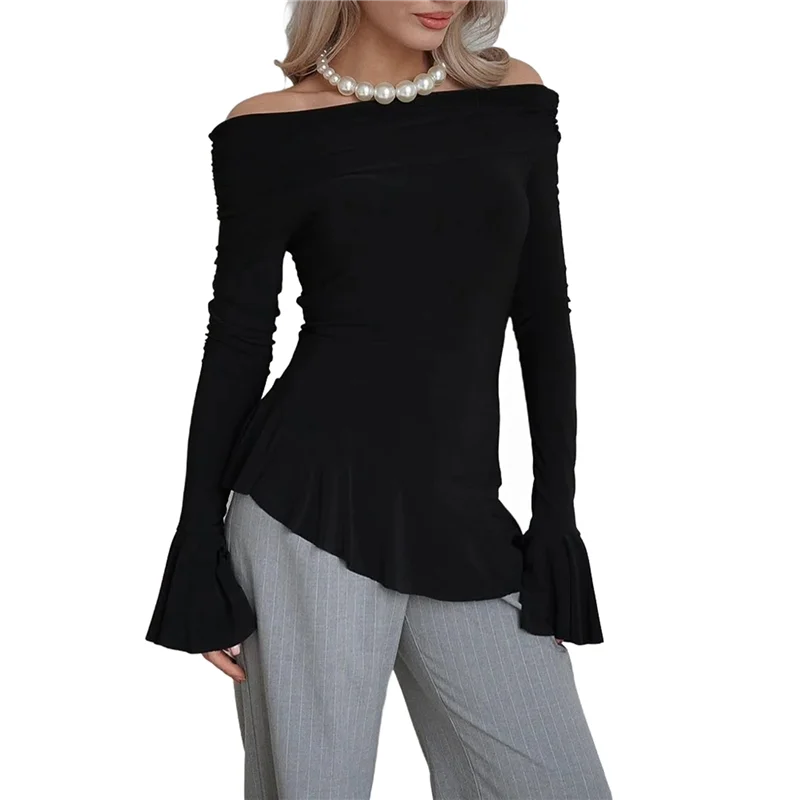 

A83F-Women's Spring Puff Long Sleeve Boat Neck Off Shoulder Top Going Out Slim Fit Tops Y2K Tight Shirt