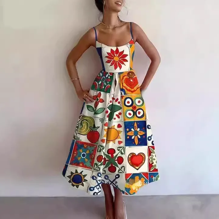 

Women Plus Size Printed Spaghetti Strap Midi Dress Colorful Artistic A-Line Summer Dress