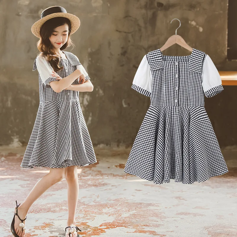 

Korean Summer School Girl One-piece Dress Teenager Girl Plaid Patchwork Dress Junior Girl Loose Korean Style Academy Style Dress