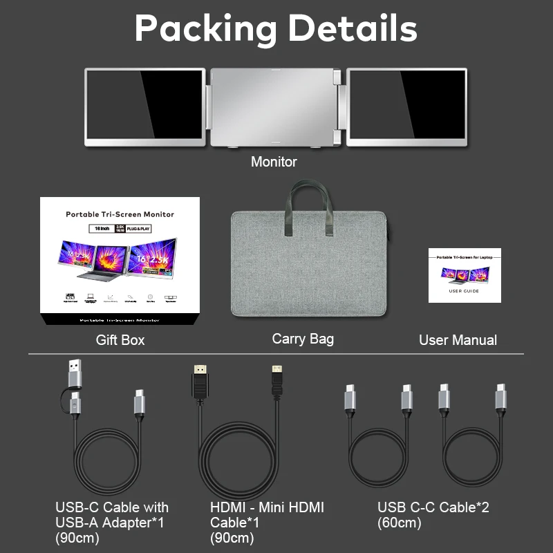 ODM/OEM 16 Inch Portable Monitor with Dual 2.5K LCD Display Laptop Screen Extender Triple Monitor for Gaming Computer PC