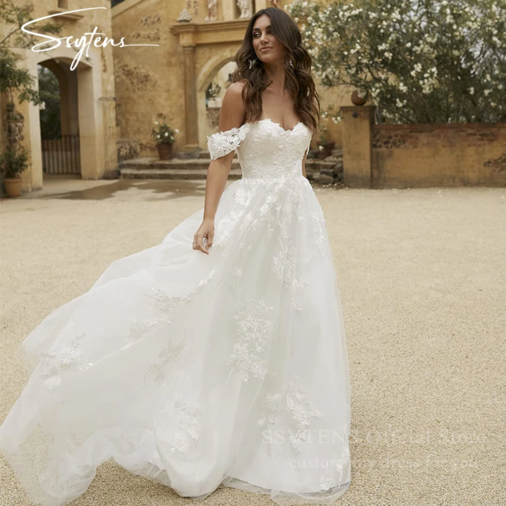 

SSYTENS Customized Ivory Off the Shoulder Vestido De Noiva Wedding Dress Train Customized Plus Size Bridal Gowns Tulle Mariage