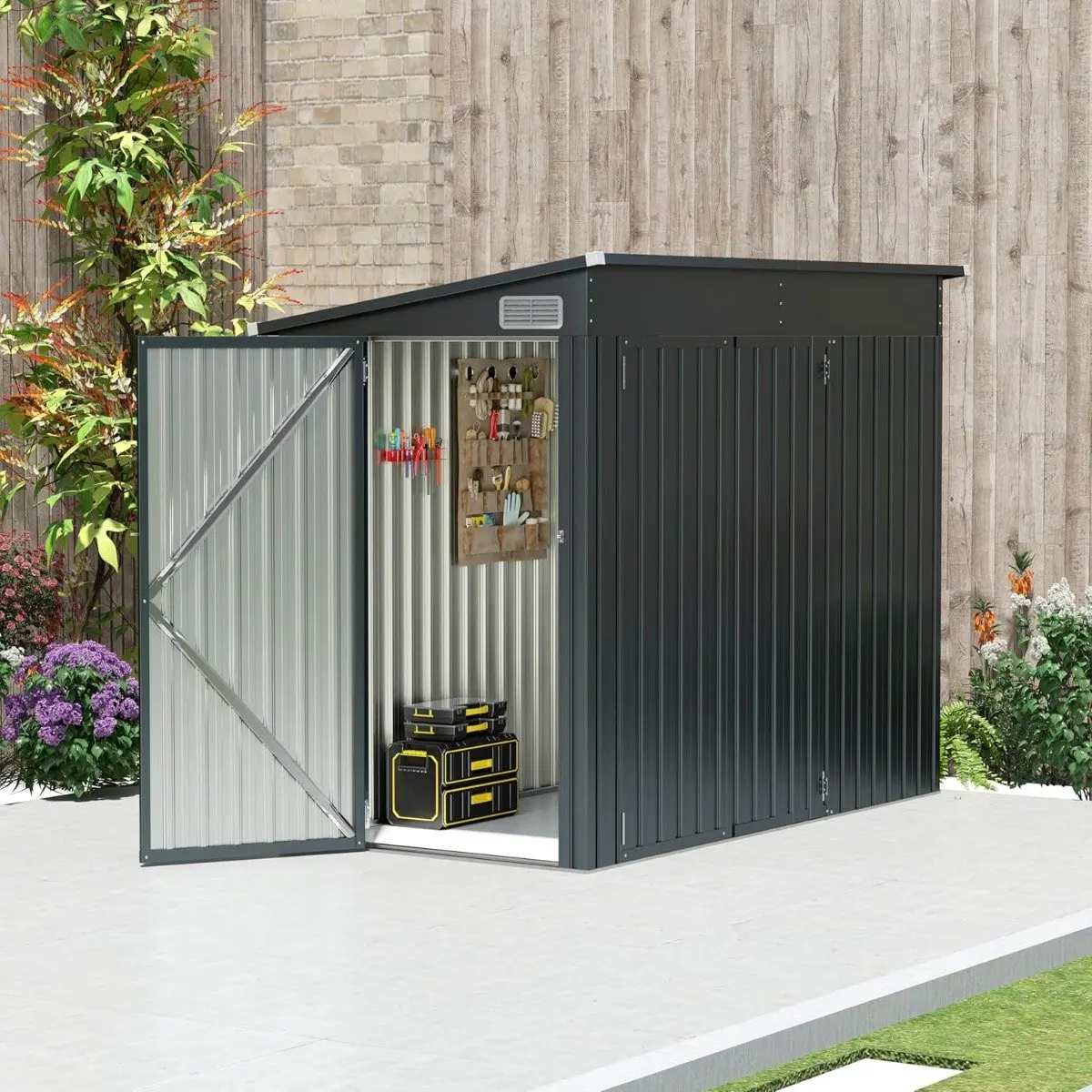 Caseta de jardín metálica de 2 puertas, cobertizo para herramientas con techo inclinado, 235 x 117 x 185 cm