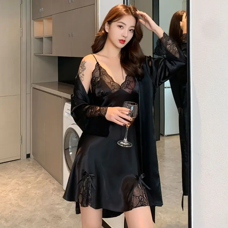 Sexy Pajama Women's Sleep Underwear Summer Ice Silk Thin Lace 2024 New Slip Nightdress Nightgown Set Spring and Autumn Simple