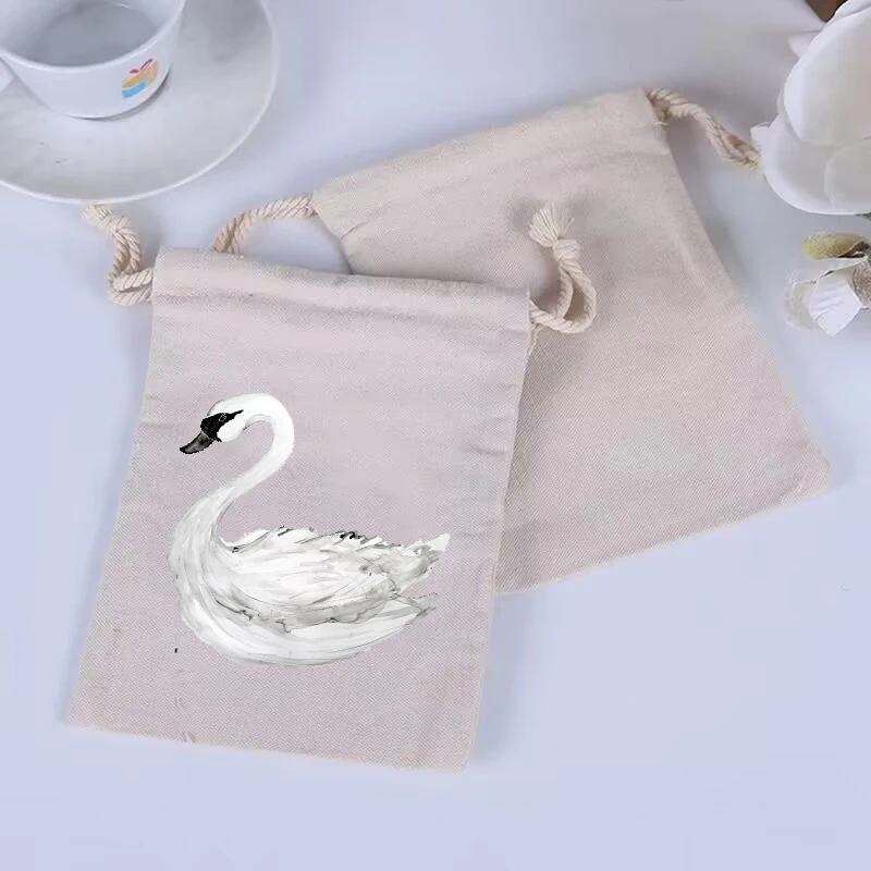 

10pcs/Ballet Shoes and Swan Environmental Drawstring Jewelry Bag Cotton Printed Gift Ring Earring Bundle Pocket