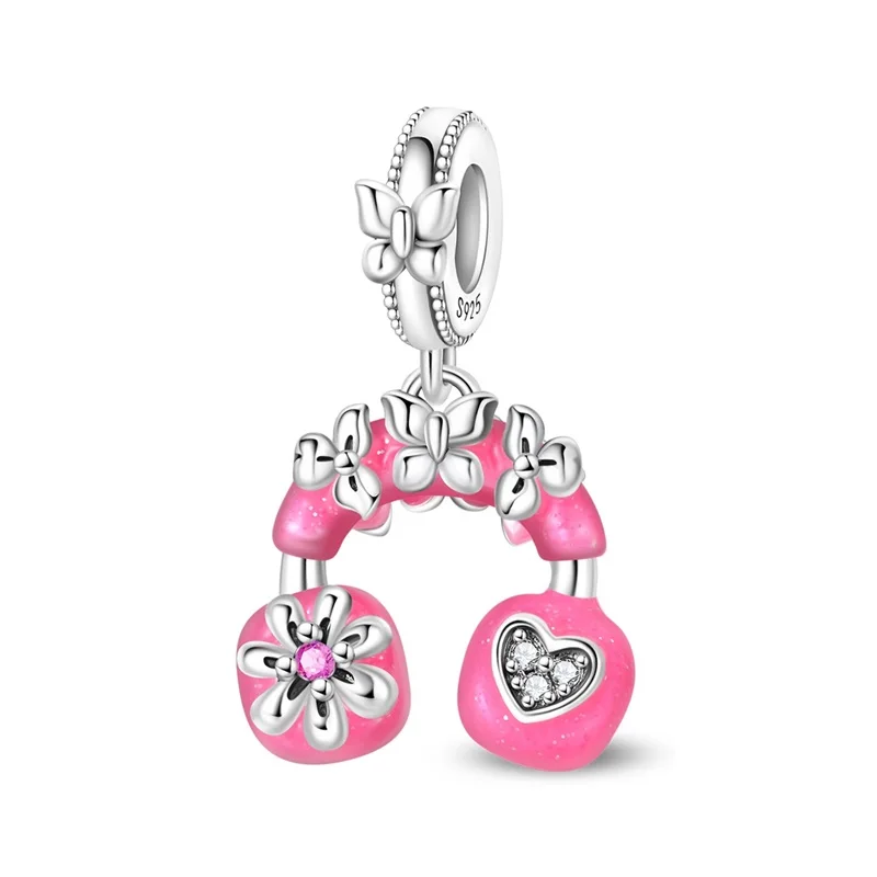 Original 925 Sterling Silver Flower Earphone Charms Bead Sparkling CZ Zircon Dangle For Women Fine DIY Birthday Jewelry