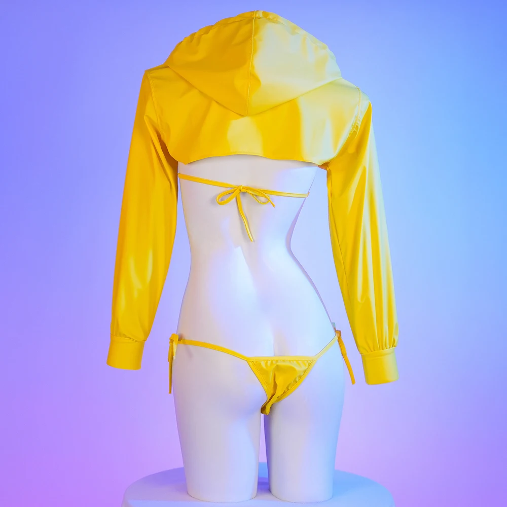 AniLV Japanese Anime Girl Yellow Leather Hooded Top Bikini Set Cosplay Student Uniform Costume