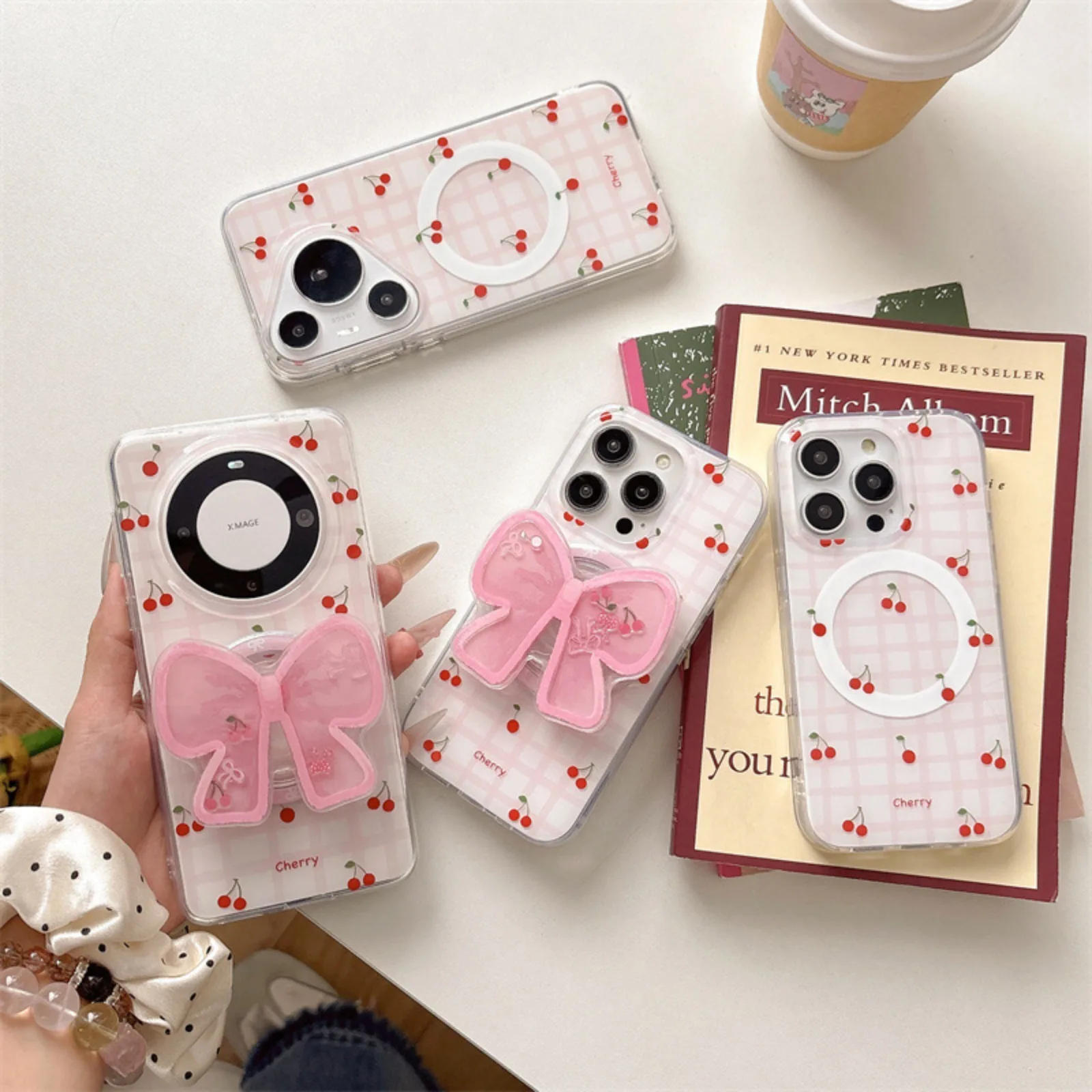 

Корейский милый розовый сетчатый чехол для телефона с вишней для Huawei Mate Pura 70 60 Pro, мягкий защитный чехол с держателем-подставкой и бантом