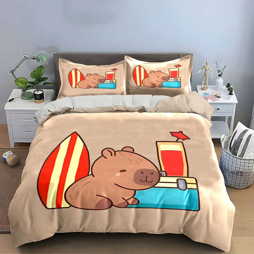 Beach Relaxation Capybara Set Bedding Set with 1 Duvet Cover 2 Pillowcases Single Double King Queen, Gift