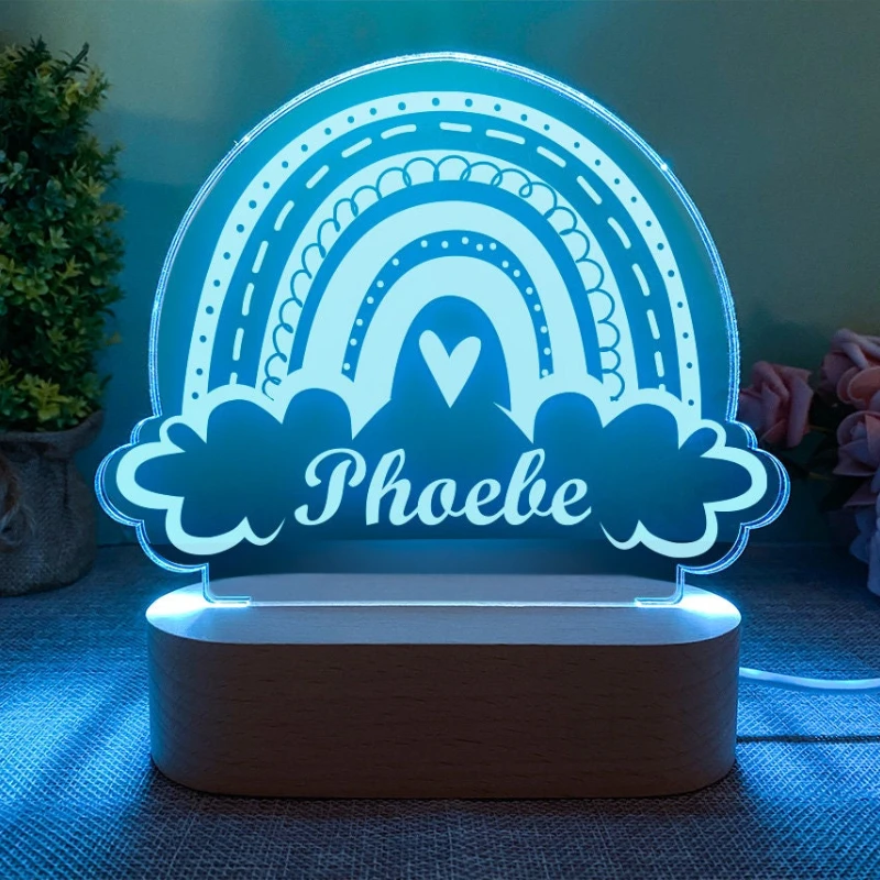 Luz de noche de arco iris para niños, luz de noche para decoración de guardería, luz de noche para dormitorio de niños, regalo de cumpleaños para niños, Base de madera USB