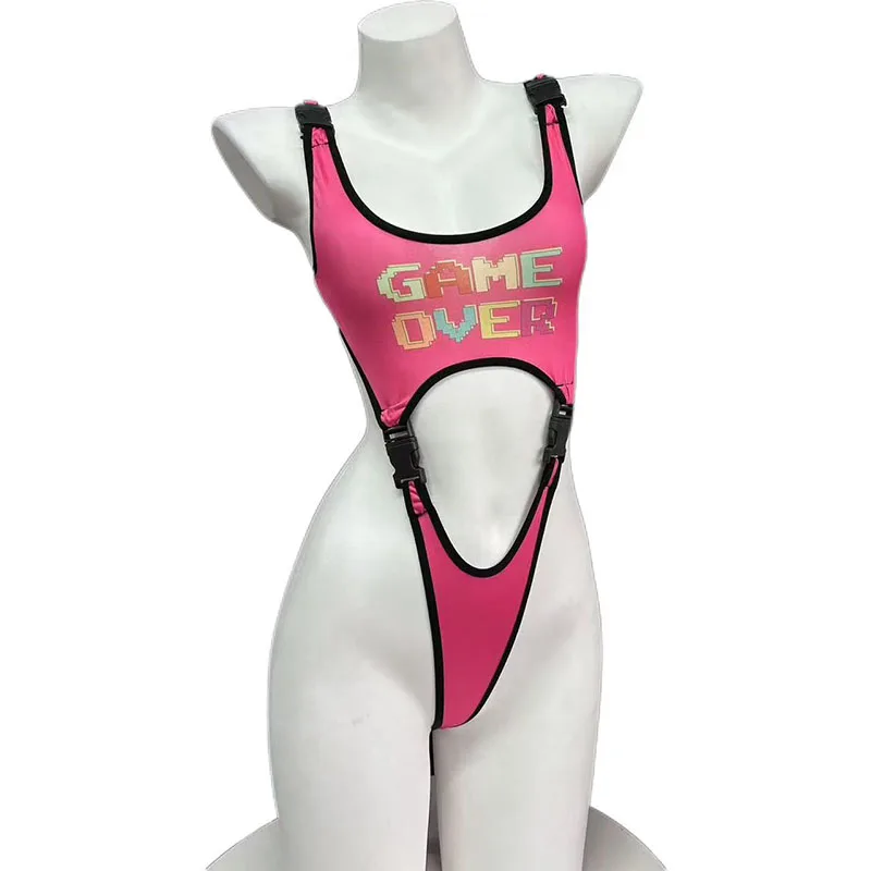 

Sexy Game Girl High Cut Bodysuits Women Hollow Out One-Piece Thongs Print Bikini Sweet Pink Three-Point Esports Girl Clothes
