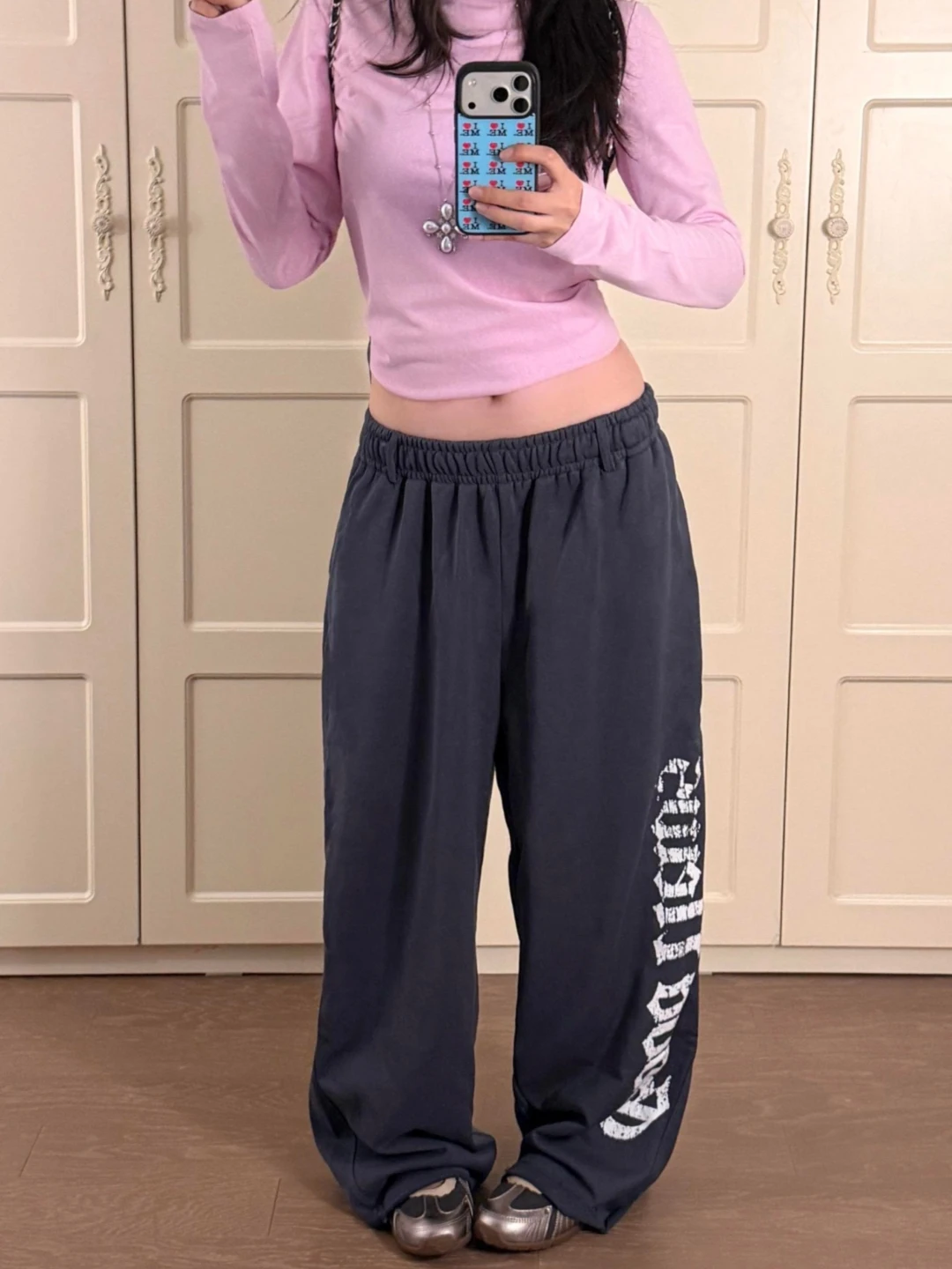American Style Vintage Rusted Letter Blue Gray Print Casual Pants Women Spring Autumn New Loose Dancing Sports Wide Leg Sweat...
