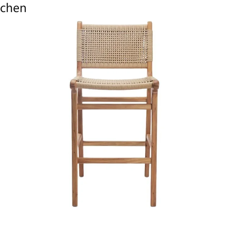 Solid Wood Retro Bar Stool Cafe Bar Home Simple Backrest Rope Woven Bar ChairN9