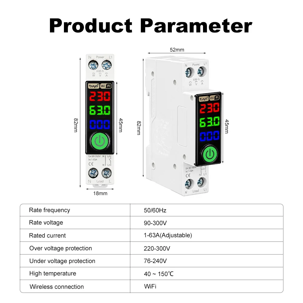 WiFi Smart Circuit Breaker 1‑63A Tuya Smart Life APP Remote Control Energy Meter Over Under Voltage Overcurrent TEMP Protection