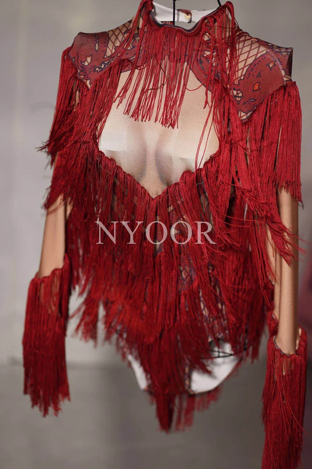 New Red manica lunga nappe body Sexy Bar Club Dance Costume Nightclub Singer Performance Show Fringe body Stage Wear