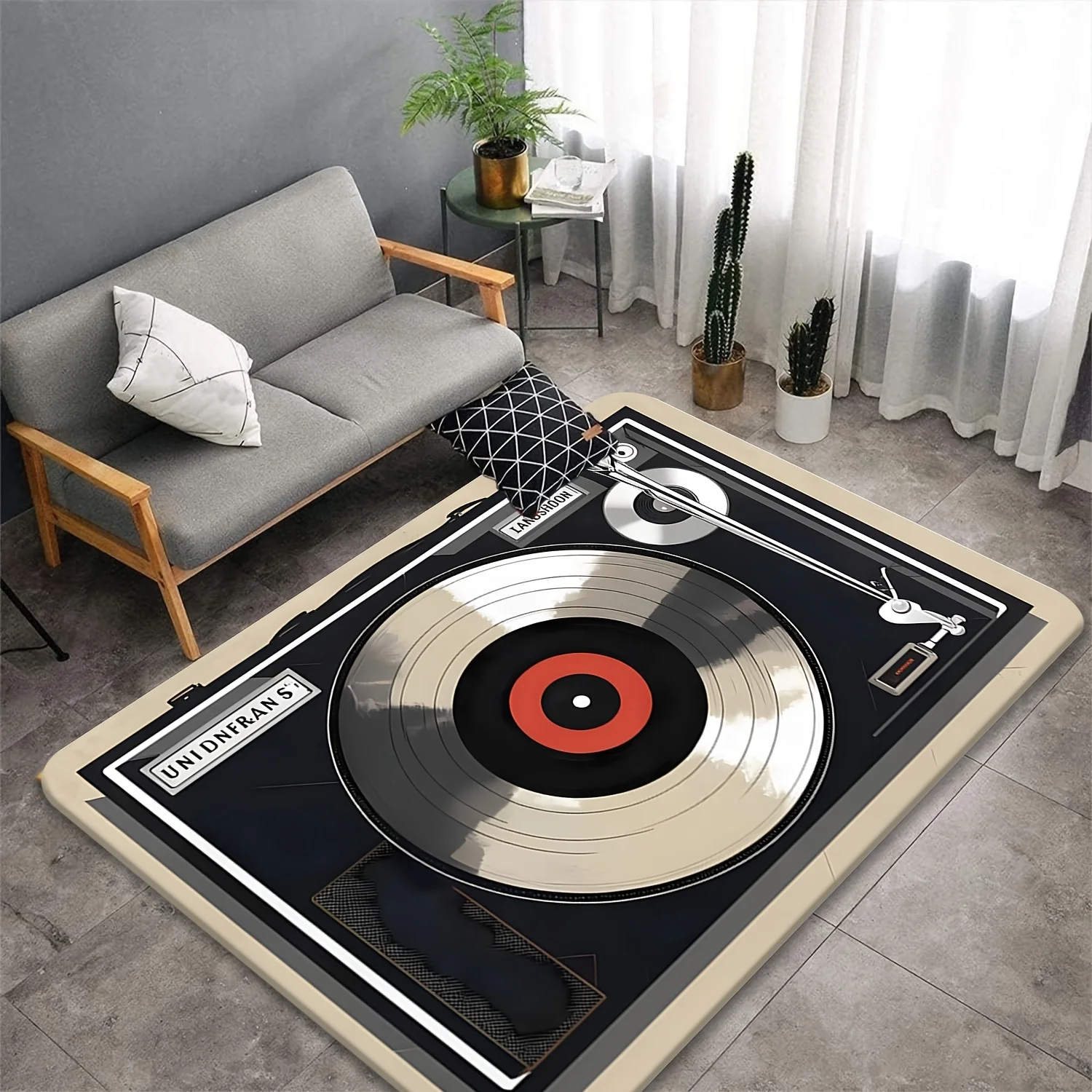 Retro Record Player Print Flannel Area Rug Music Theme Soft Comfortable Floor Mat For Living Room Bedroom Study