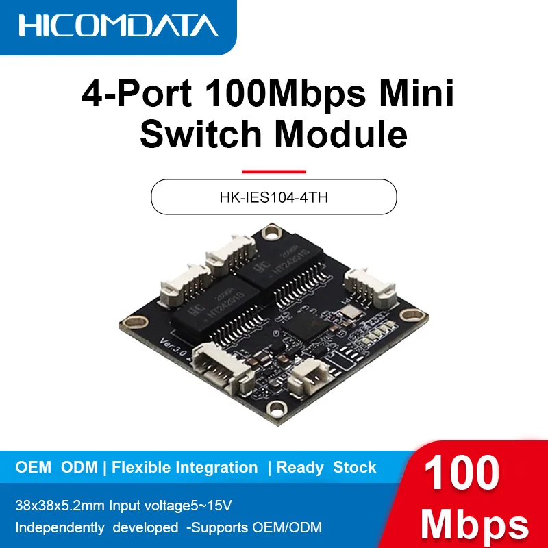 

HICOMDATA Compact 100Mbps Switch Module Unmanaged 4-Port Switch Module Mini 12V Switch PCBA Mainboard