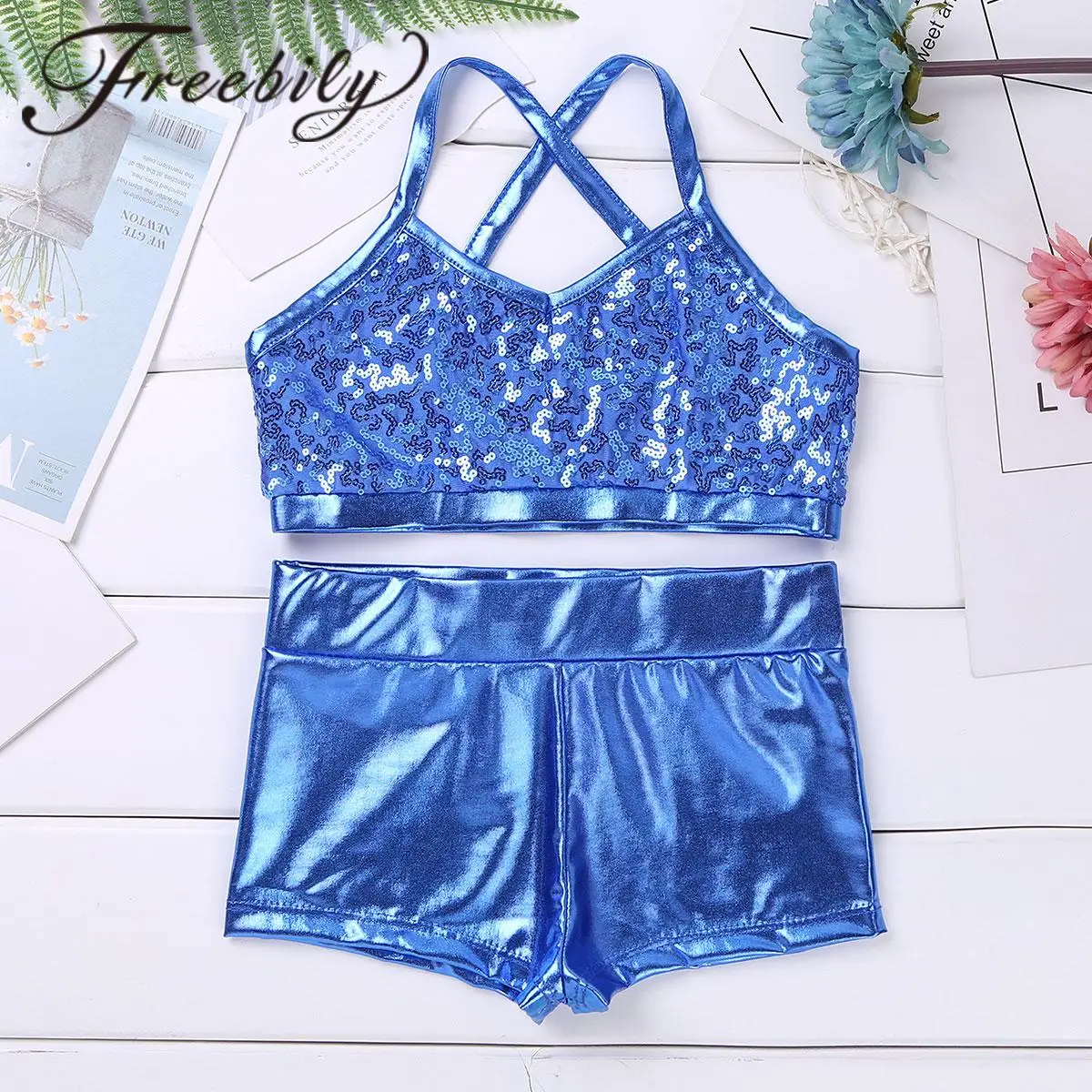 Children Sequins Jazz Dance Costumes Ballet Dance Outfit Teens Crop Tops Shorts Performance Clothes Kids Girls Hiphop Dancewear