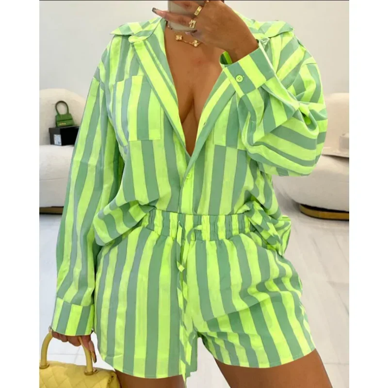 Two-Piece Suit Long Sleeve Tshirt Tops Fashion Shirt Top Women Summer Casual Short Pants Loose Printed Streetwear Shorts