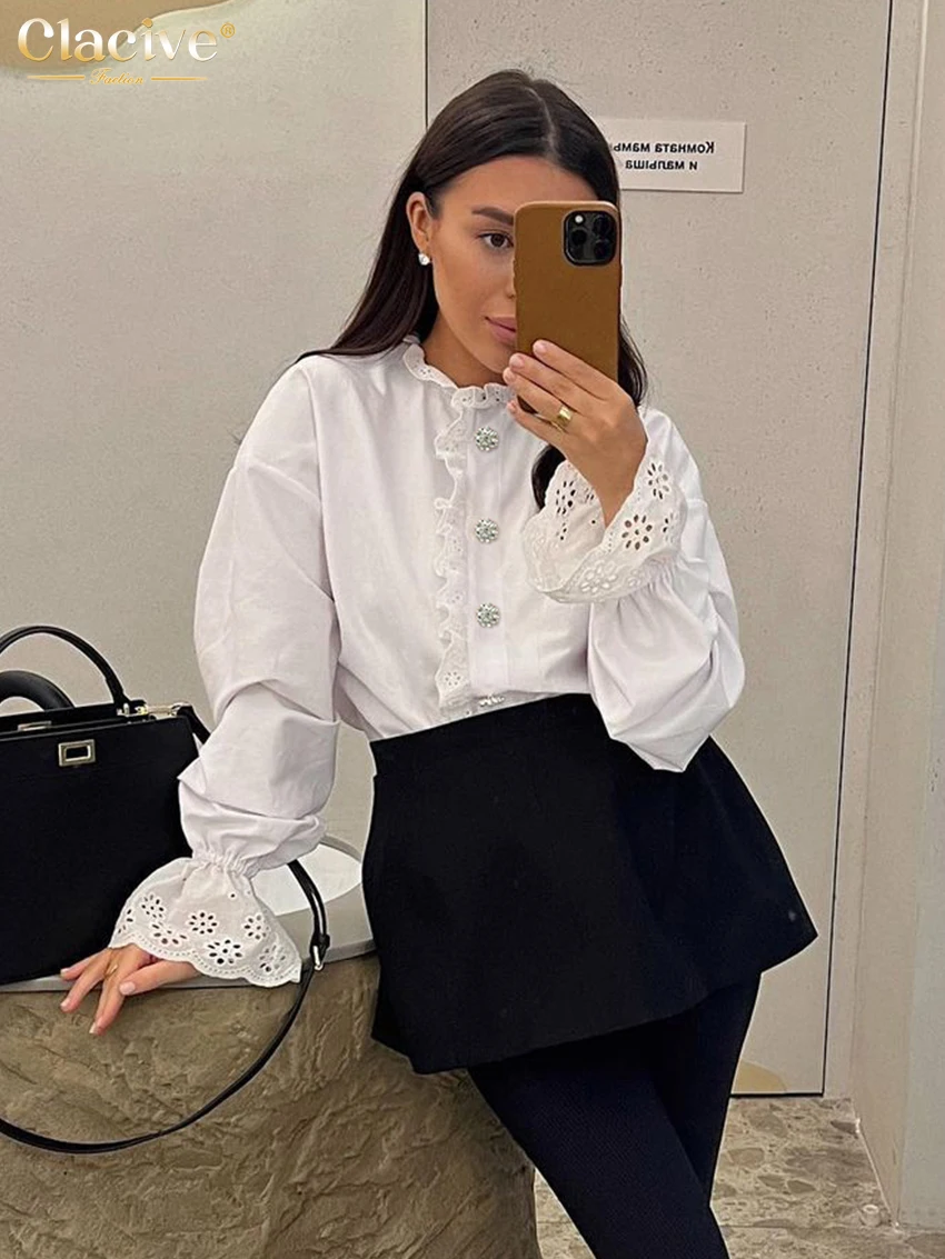 Clacive Fashion Loose White Office Women Shirt 2024 Elegant O-Neck Long Sleeve Shirts Casual Classic Blouses Top Female Clothing