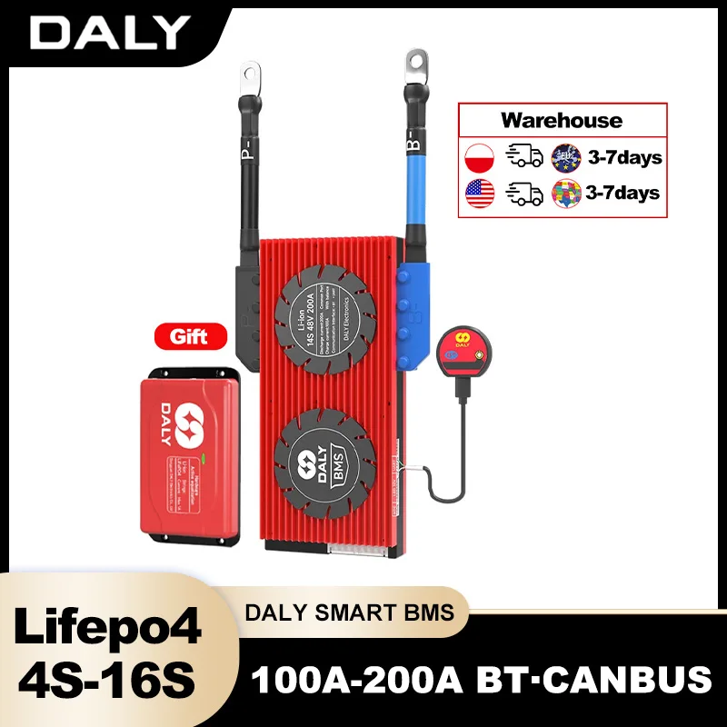 DALY Smart BMS 4S 16S 4S 8S 16s 48V 12V 24V 18650 LiFePo4 Battery 100A 150A 200A CANBUS 1A Smart Active Balance Ship to EU US