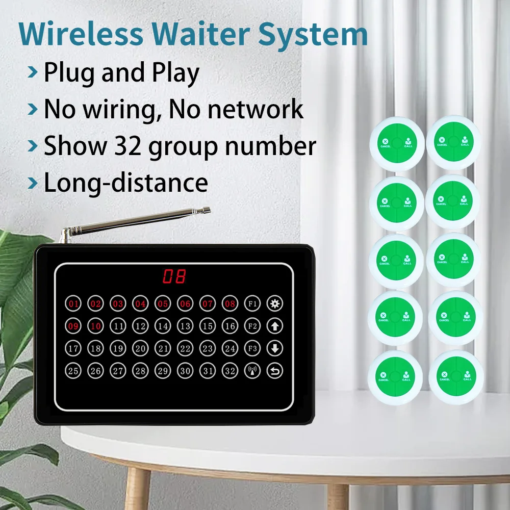 32 Number Table Call System Wireless Restaurant Waiter Service Calling Pager Buttons with Call Cancel Key