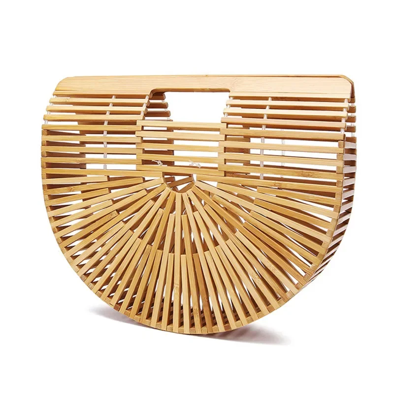 Vintage Bamboo Weaving Bag for Women, Half Round Design Makeup Bag, Beach Vacation Travel Organizer, Fashion Versatile Bag