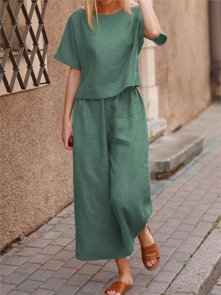 Summer Loose O-Neck Top Wide Leg Pants Two Piece New Elegant Pullover Pants Summer Suit Women Harajuku Style Cotton Linen Suit