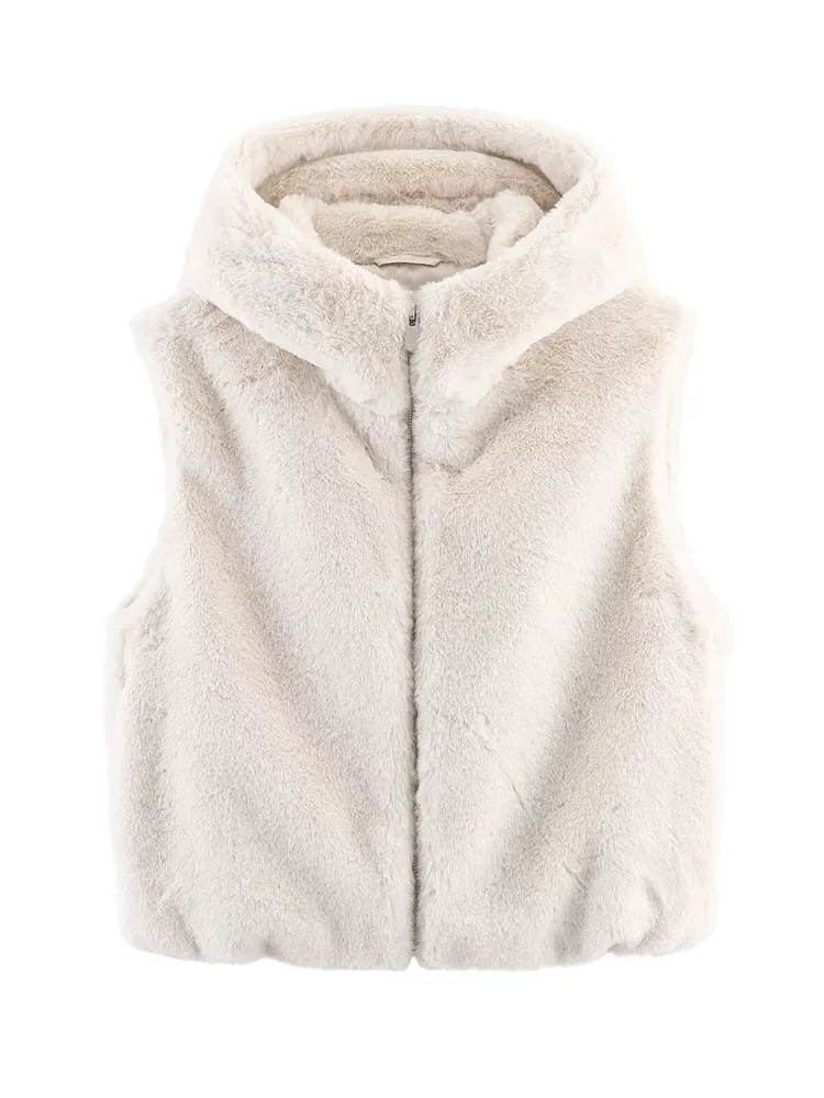 HH femmes hiver nouvelle mode à capuche fausse fourrure effet gilet tempérament féminin décontracté polyvalent chaud fermeture éclair haut sans manches