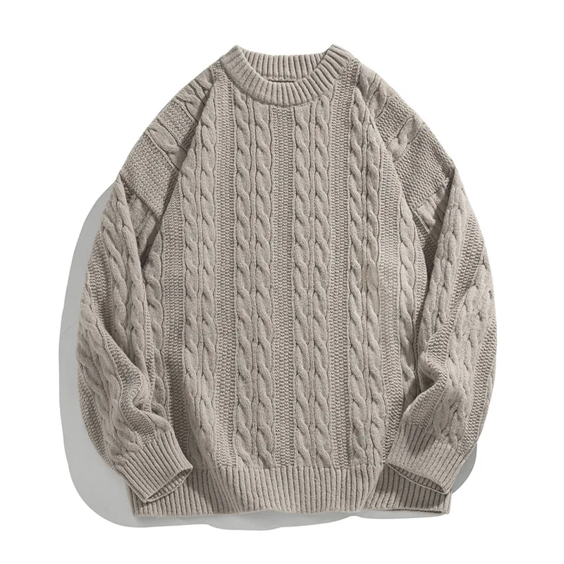 Solid  Ribbed Twist Pattern Round Neck Pullover Sweater Men Women Autumn Winter Couple Loose Knitted Woolen Top Warm Soft