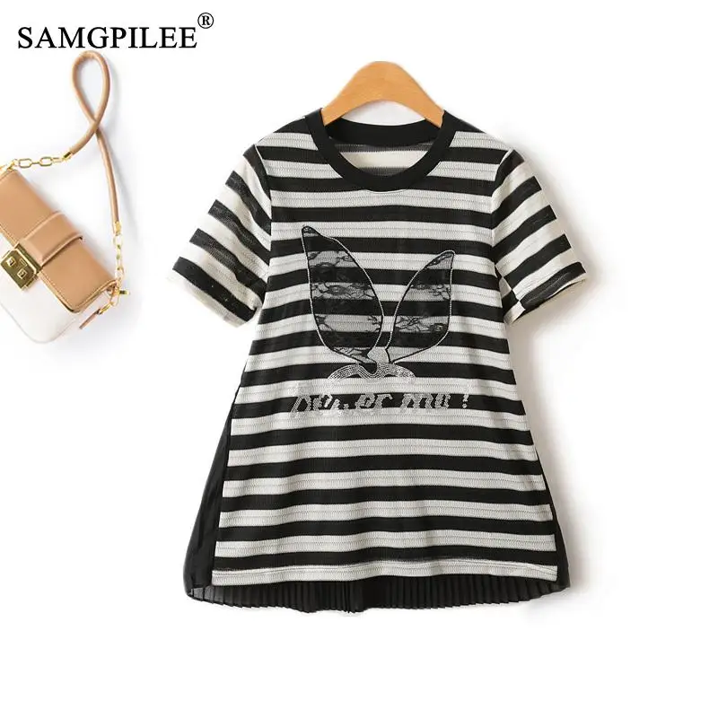 

Oversized T-shirt Classic Striped Hollow Contrast Color Sweet Hot Diamond O Neck Back Pinch Short Sleeve Straight Tops Woman