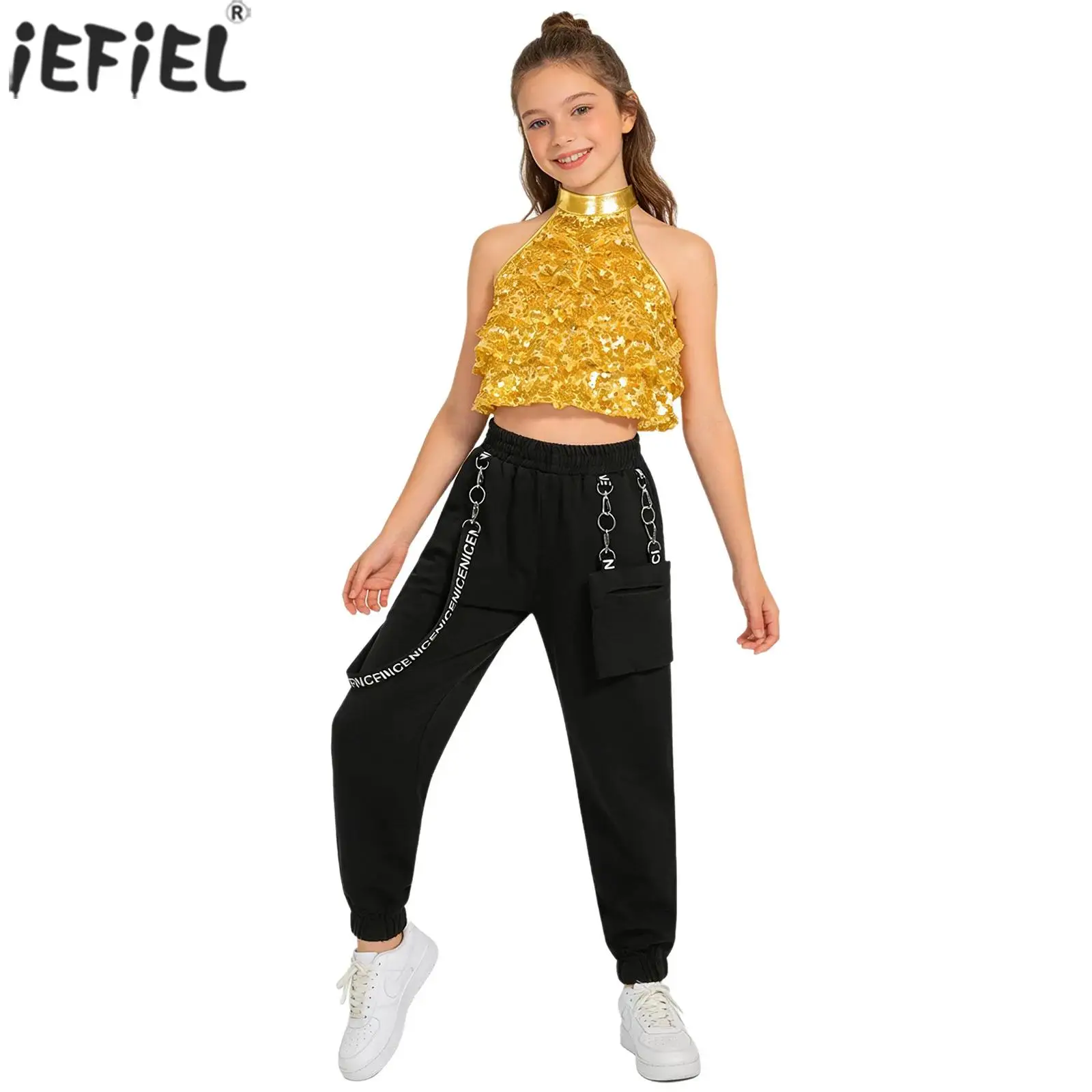 Kids Girls Modern Jazz Hip Hop Street Dance Outfits Shiny Sequin Backless Crop Top with Metal Chain Pocket Pants Stage Dancewear