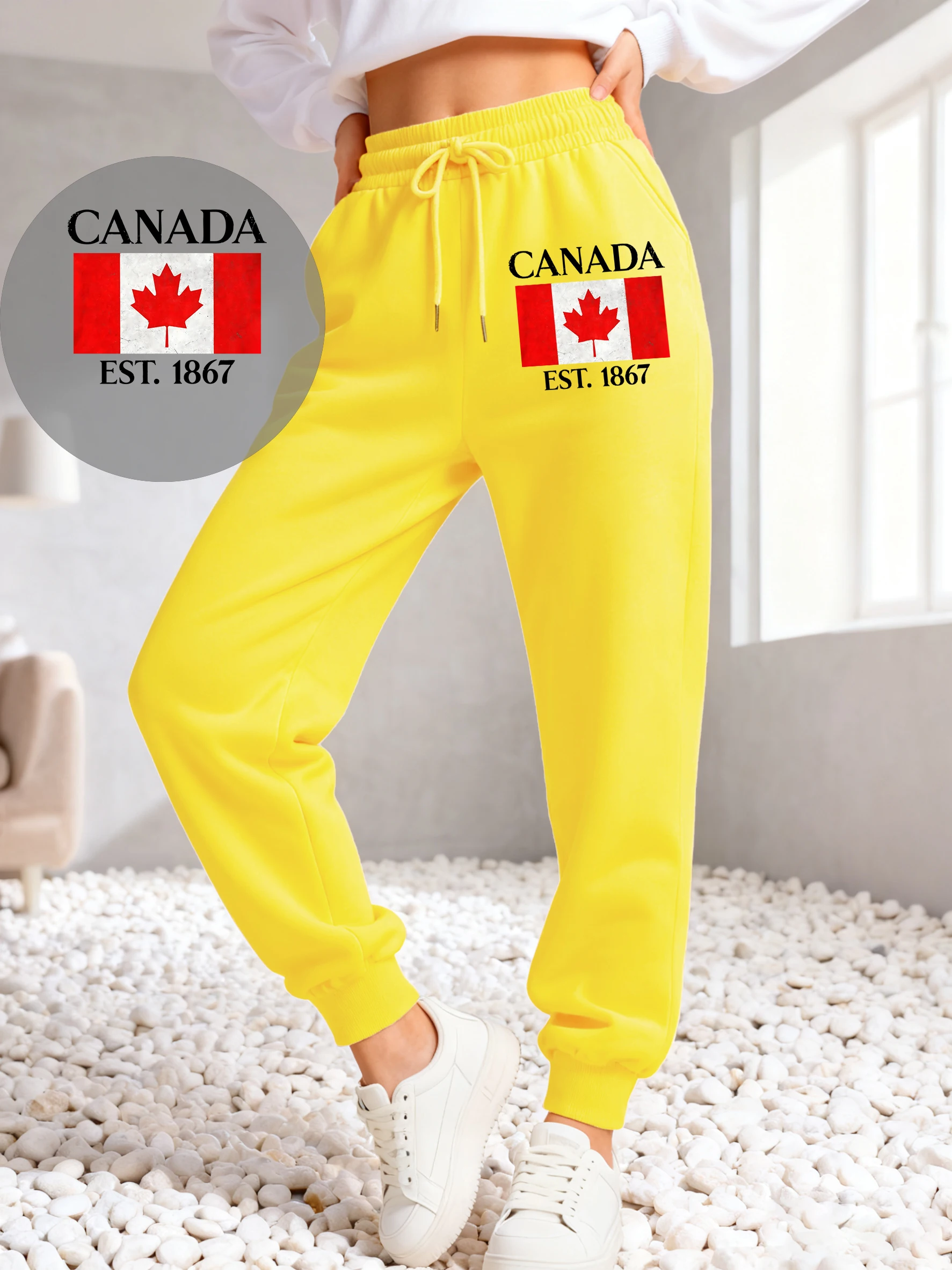Canada City 1867 Letter Art Printing Women Sweatpants Trendy Hip Hop Trousers Drawstring Pocket Sweatpant Fleece Autumn Pants