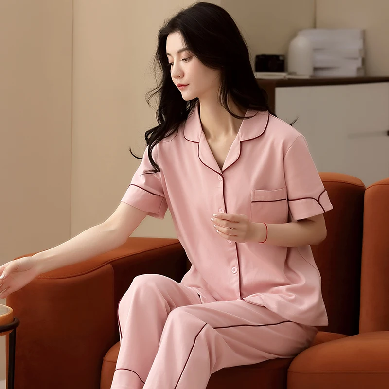 Summer casual full pure cotton women pajama sets cute pink short sleeve tops + long pants 2 pieces sleepwear women pyjama femme