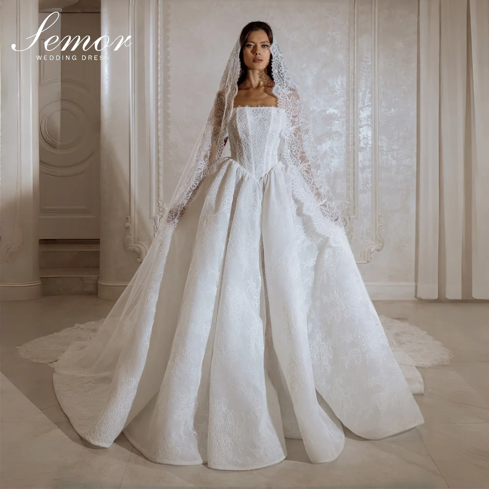 Semor Customized Charming A-line Wedding Dresses Lace Appliques Strapless Detachable shawl Dubai Bride Gown Vestidos De Novia