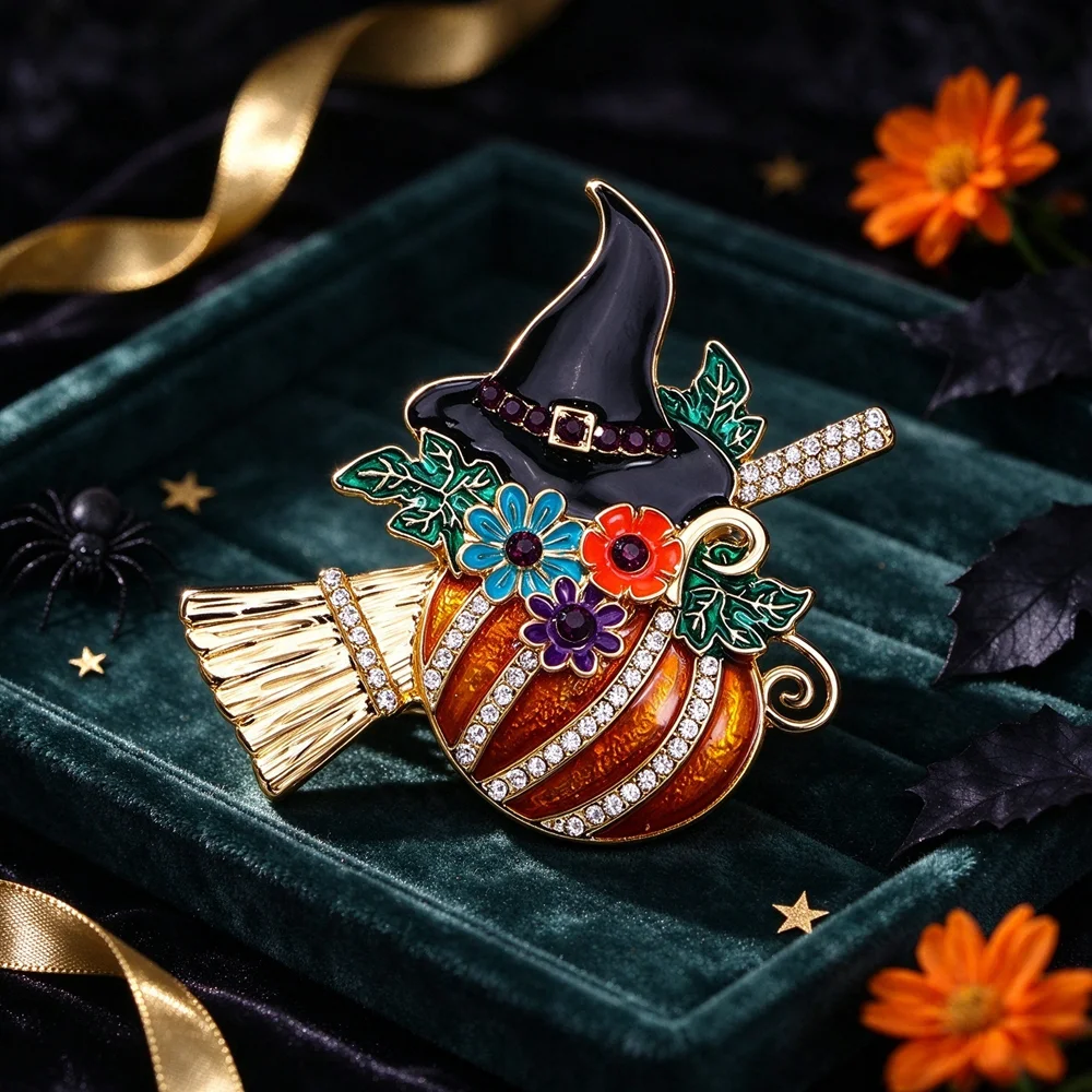 Halloween Pumpkin Witch Hat Broom Enamel Brooch Colorful Flower Rhinestone Lapel Pin Fall Festival Costume Jewelry