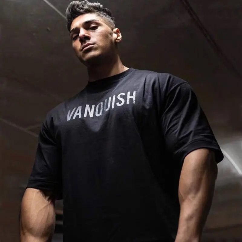 New Sports Short-sleeved Men's T-shirt Loose European and American Trendy Brand Muscle Gym Fitness Dog Round Neck Running