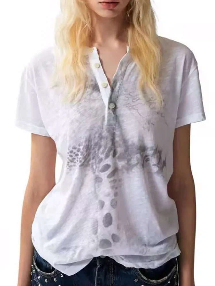 Punk Leopard Cross Printed Short Sleeve T-shirt Women Summer Button O-neck Micro Transparent Tops Vintage Harajuku Tees