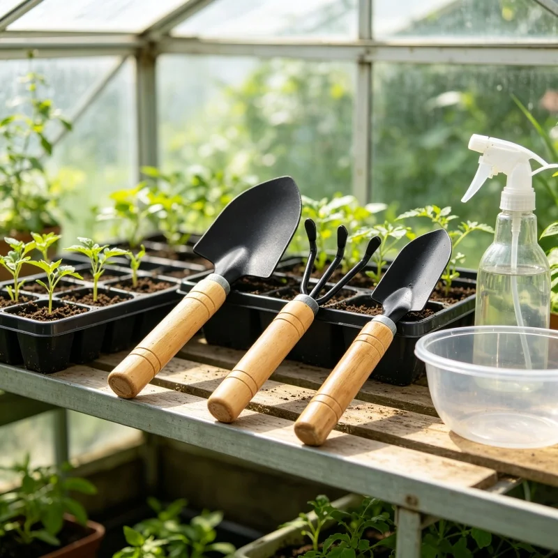 Three-piece mini gardening hand tools set - wooden handle, metal shovel, rake and hoe
