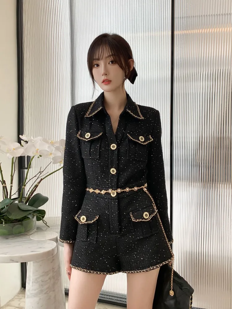 Office Ladies Elegant Black Tweed Playsuits Slim Long Sleeve Spring Single Breasted High Waist Rompers Fashion Women Jumpsuits