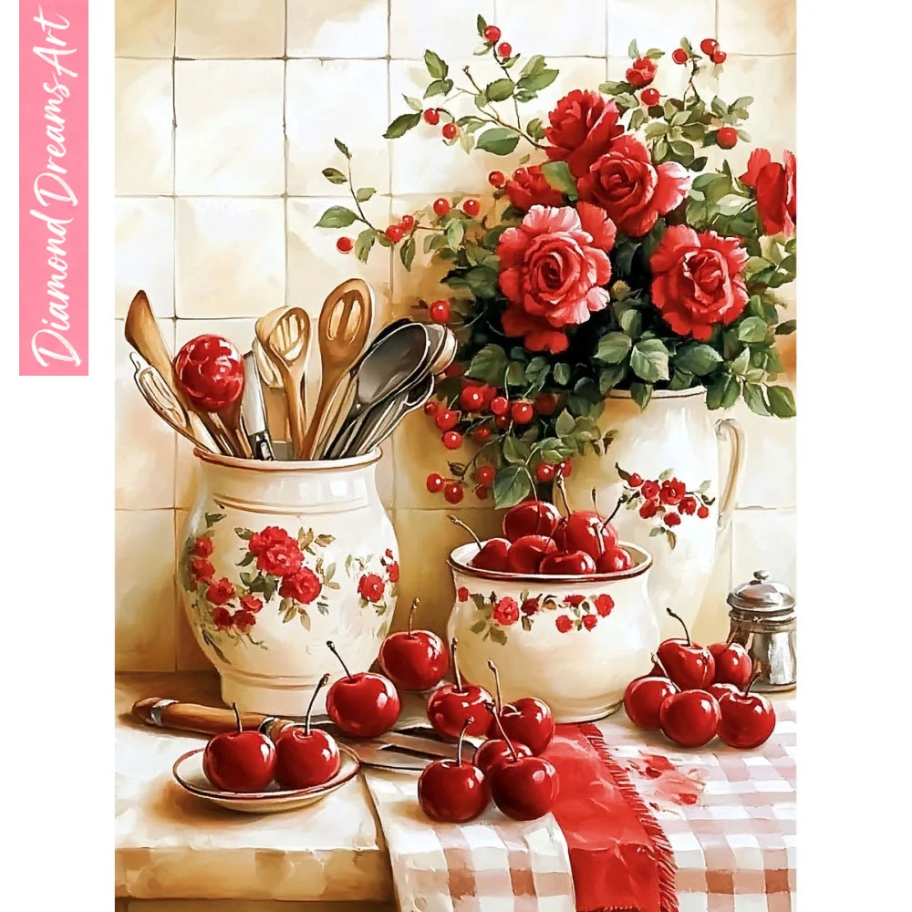 Diamant-Mosaik Kirschfrucht DIY Blumen-Landschaft Diamantmalerei Vollquadrat Rundbohrer Stickerei-Sets Wanddekoration, rahmenlos