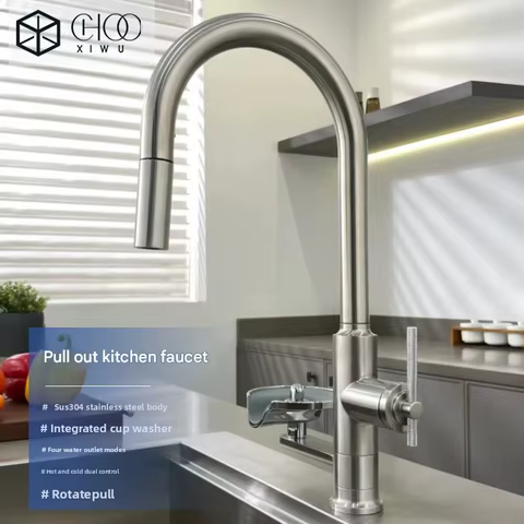 Multi-Function Kitchen Faucet with Cup Washer Pull out Spray Deck Mounted Hot Cold Water Mixer Tap for Sink